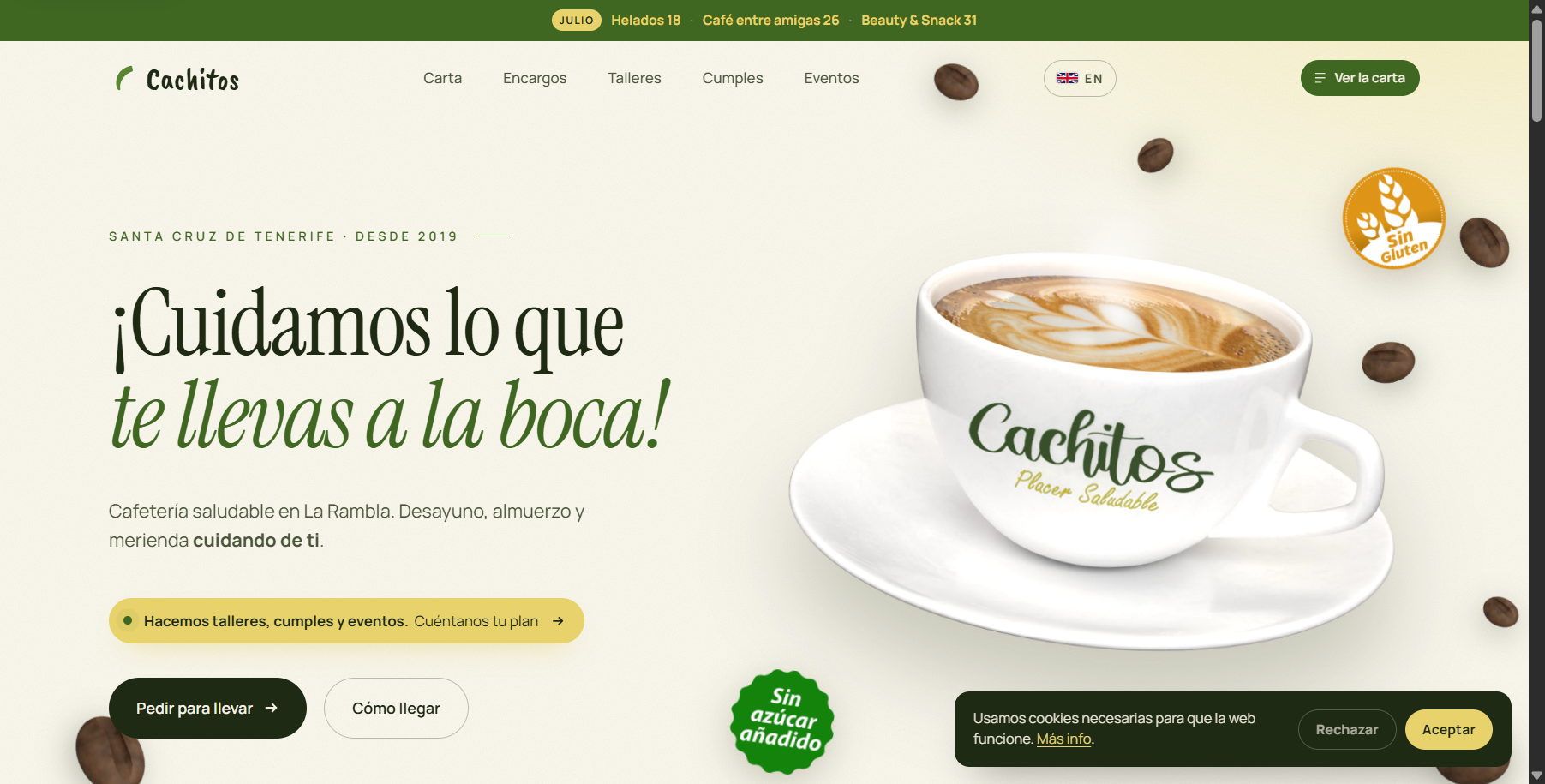 Web de Cachitos, cafetería sin azúcar y sin gluten en Santa Cruz de Tenerife