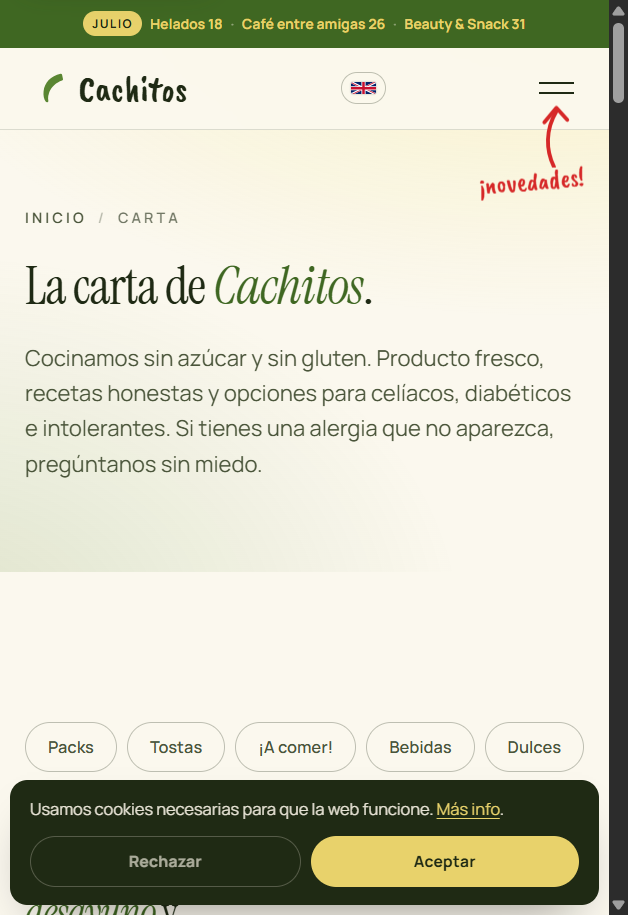 Página de la carta de Cachitos en móvil